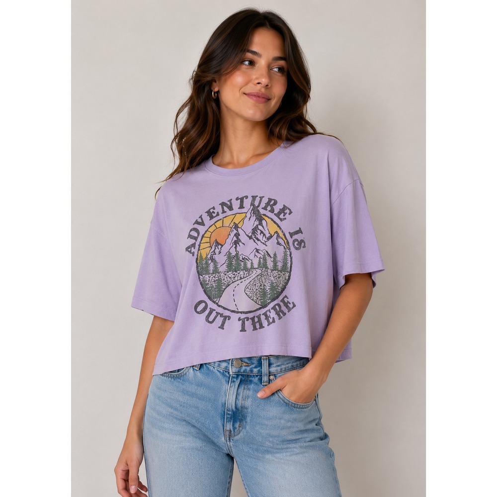 Obsessive Love Adventure Is Out There Graphic Tee Lavender Purple XL Cotton